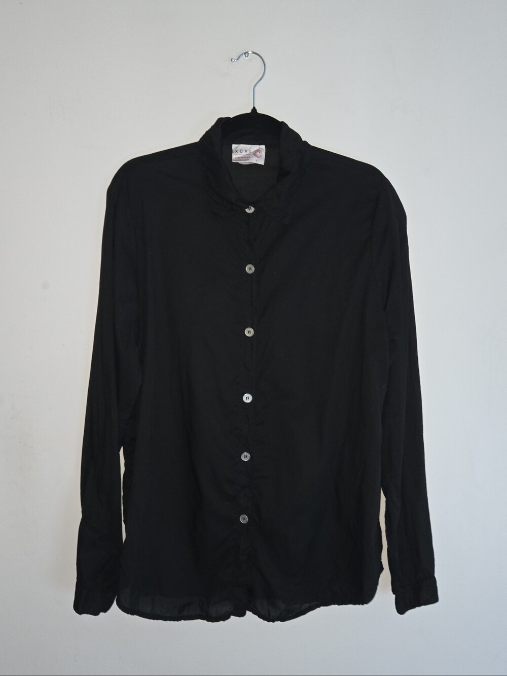 XCVI Wearables Black Cotton Button Down Shirt L Made in USA Lightweight Artsy